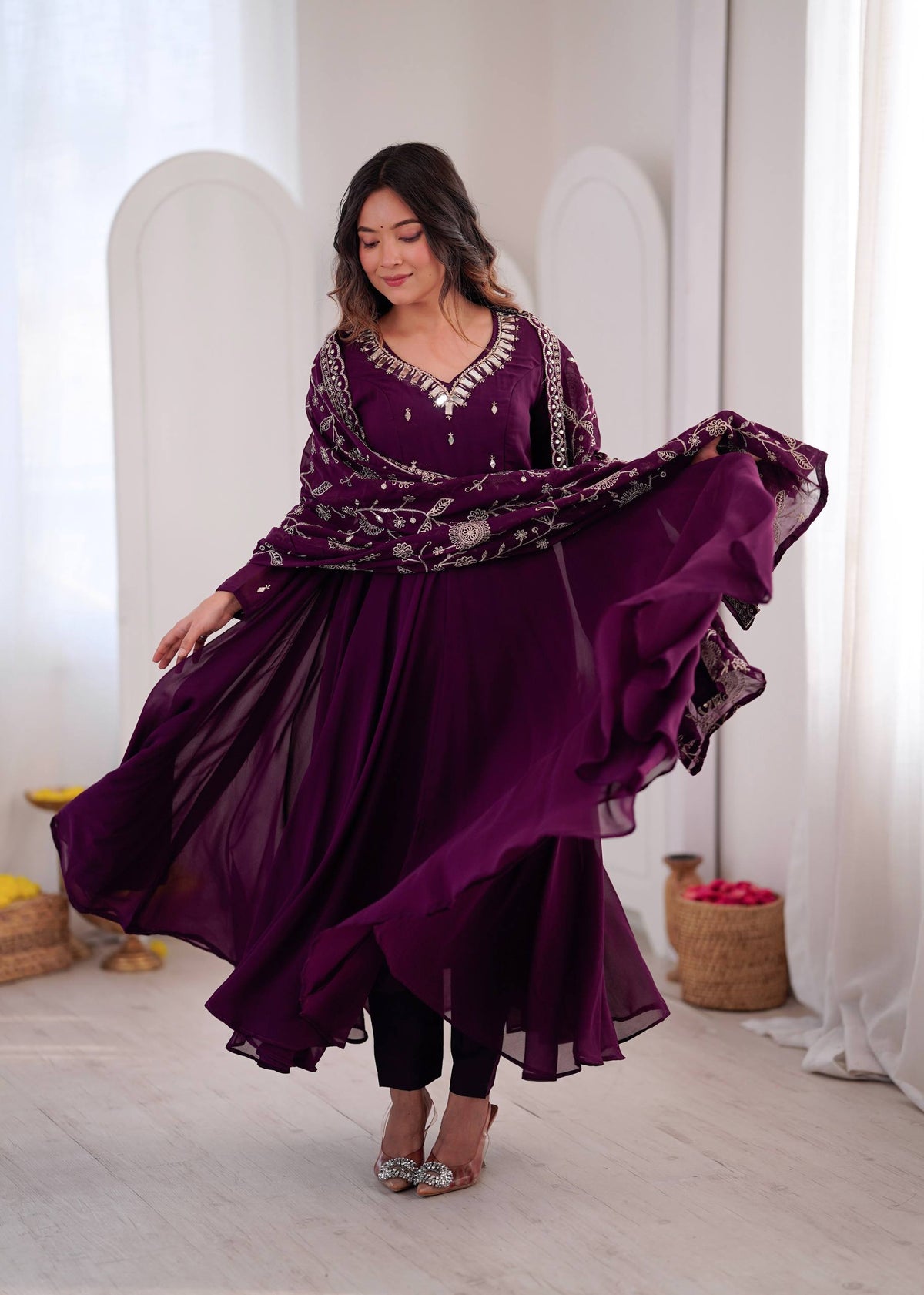 RangBhoomi Elegant Embroidered Mirror Anarkali Three-Piece Gown Set