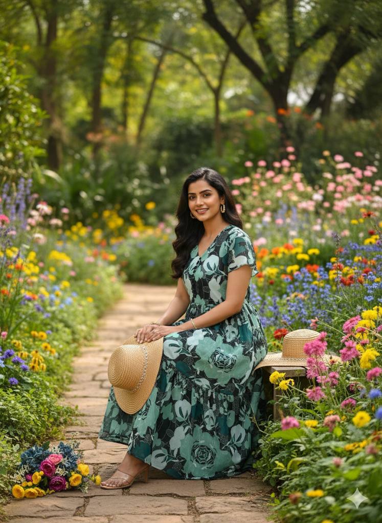 Woman in Georgette maxi dress sitting on a bench in a garden
