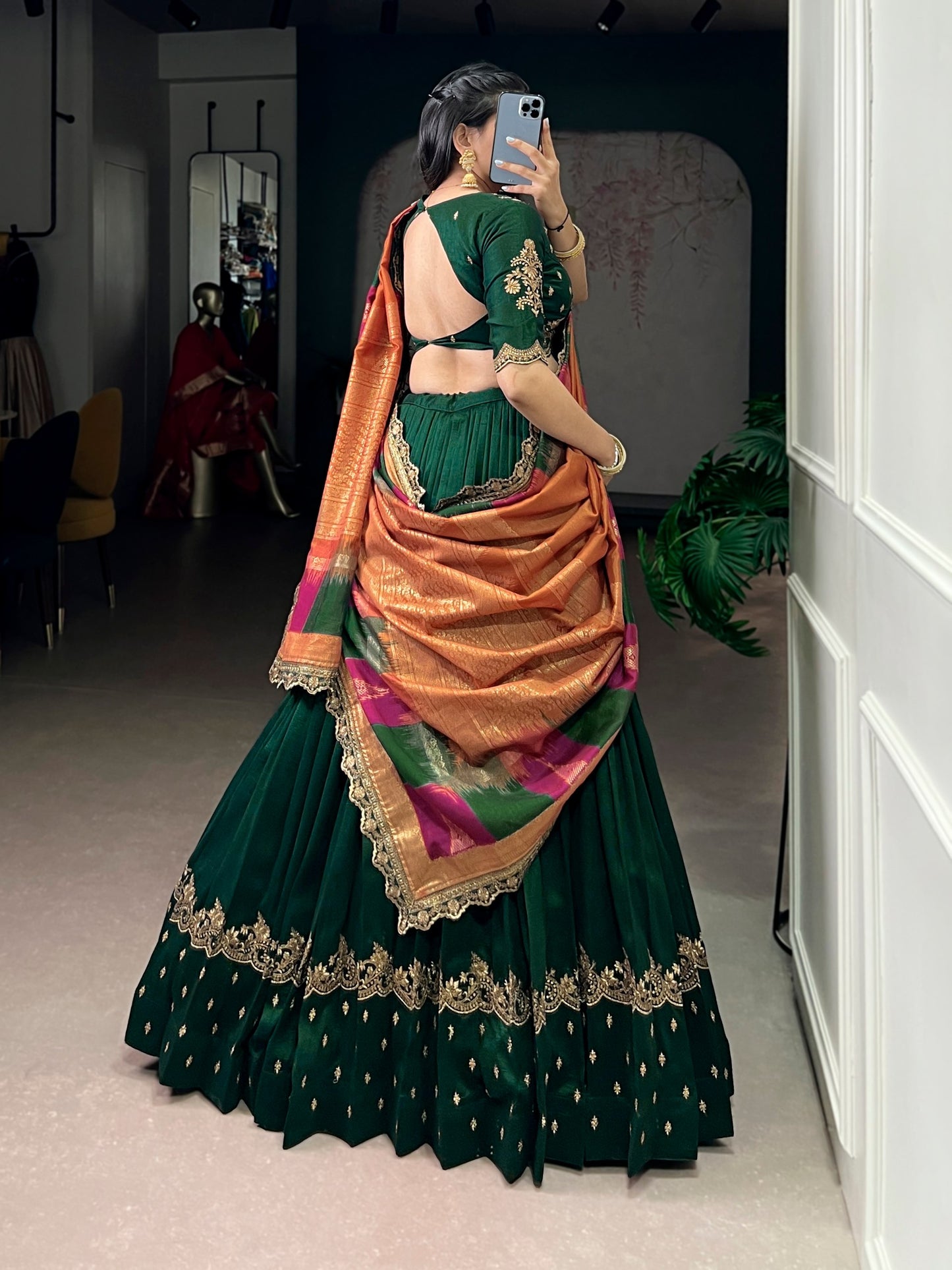 Elegant Vichitra Silk Lehenga Choli for Weddings and Festivals – Thread Embroidery & Sequins Detailing, Stitched Skirt and Unstitched Blouse, Includes Foil-Printed Dupatta with Lace Border