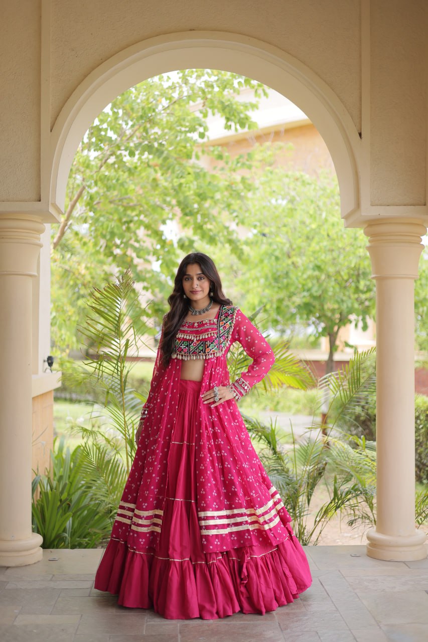 RangBhoomi Navratri 2026 Lehenga & Kurti Set – Kora Cotton Lehenga with Bandhni Faux Georgette Kurti (L, 40" Stitched)