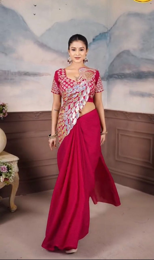 New Super Trending Ready-to-Wear Saree with Embroidered Sequence Work and Matching Embroidered Blouse
