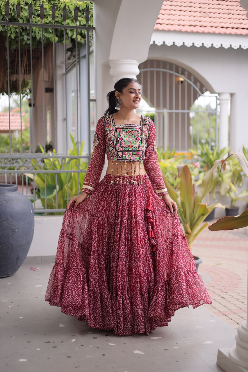 RangBhoomi Bandhni Faux Georgette Full-Stitched Lehenga Set with Designer Square Neck Blouse