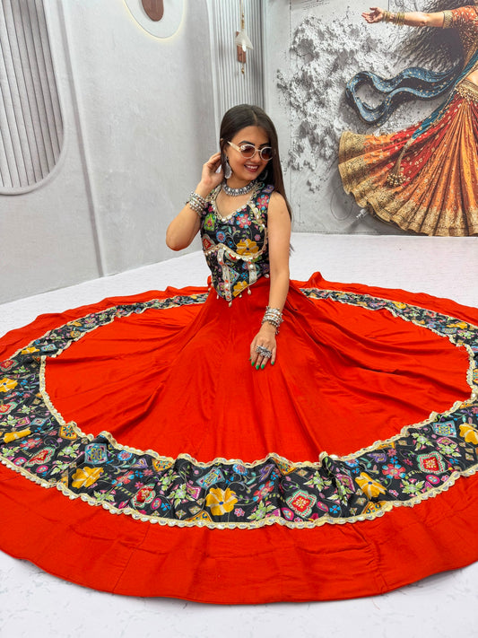 RangBhoomi Tapi-338 Big Flair 6 Meter Pure Cotton Lehenga Choli — Silk Choli, Fox Georgette Dupatta
