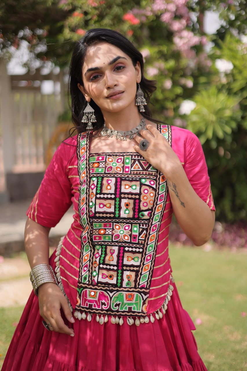 RangBhoomi Navratri 2026 Kora Cotton Full-Stitched Lehenga & Blouse Set — L (40", Adjustable 38–44)