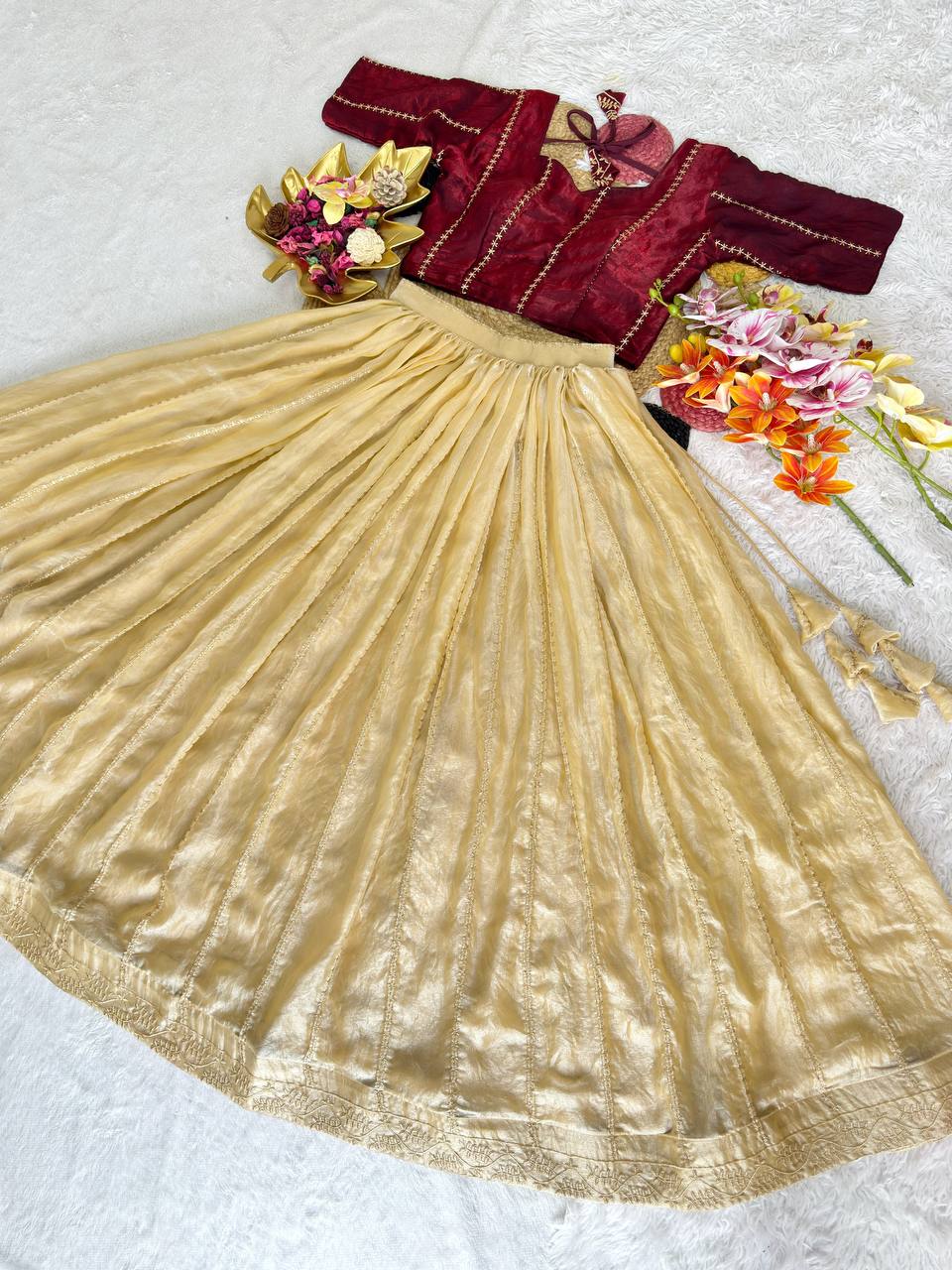 Fully Stitched Space Silk Lehenga Set with Sequins Embroidery — L/XL