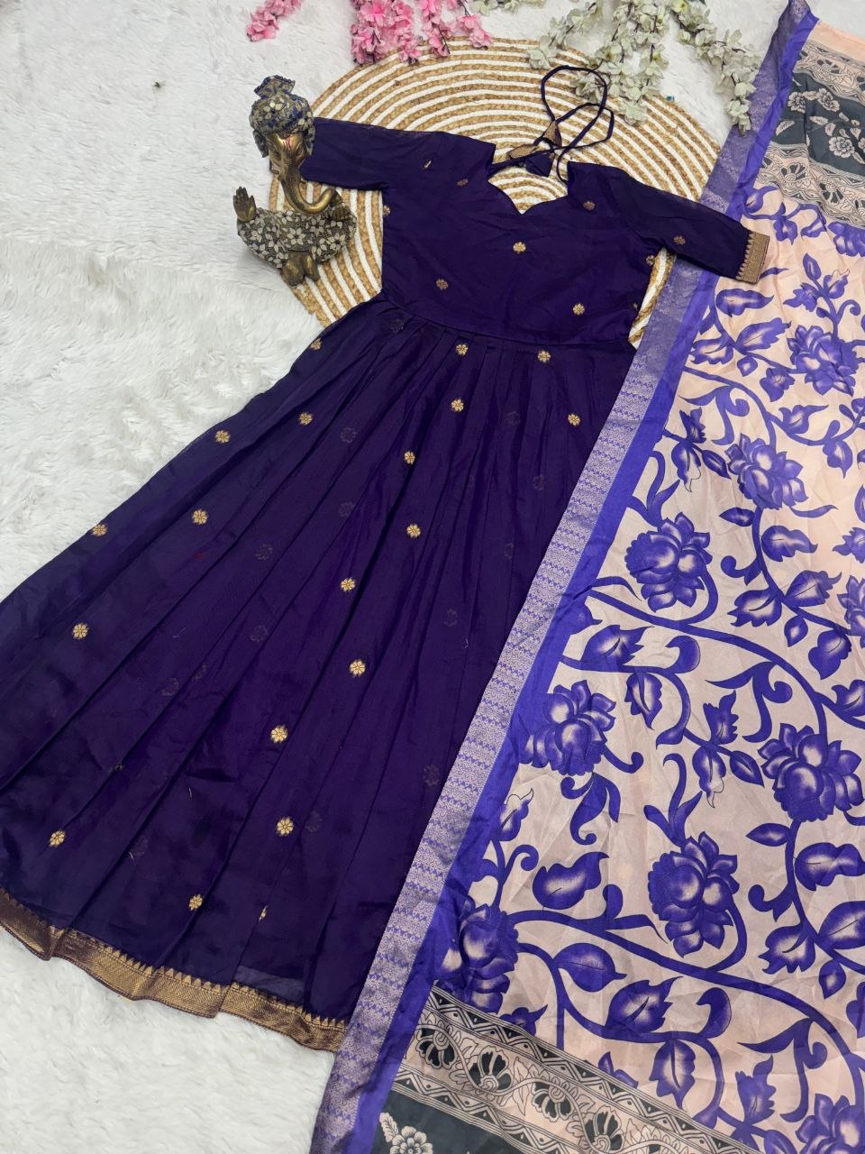 RangBhoomi Jacquard Zari Gown with Soft Silk Dupatta — 3 Colors, Sizes S–XXXL
