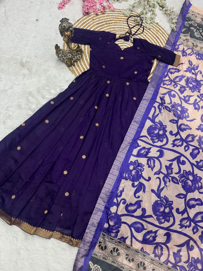 RangBhoomi Jacquard Zari Gown with Soft Silk Dupatta — 3 Colors, Sizes S–XXXL