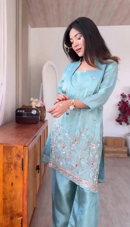 Premium Ready-to-Wear Kurta Set with Embroidered Glass Roman Fabric – Stylish and Comfortable Two-Piece Ensemble