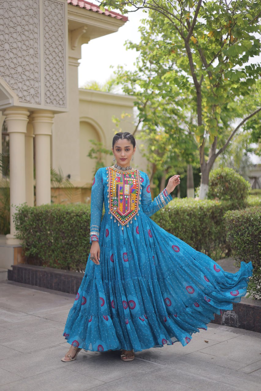 RangBhoomi Bandhani & Kutchi Patchwork Faux Georgette Gown — Navratri Collection 2026