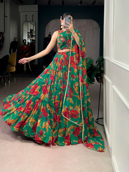Elegant Floral Marble Print Lehenga Choli Set with Handwork and Lace Border Dupatta
