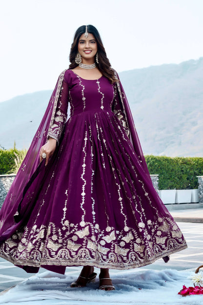 RangBhoomi Festival Long Gown with Matching Dupatta – Elegant Fox Georgette Ensemble with Heavy Sequin Embroidery