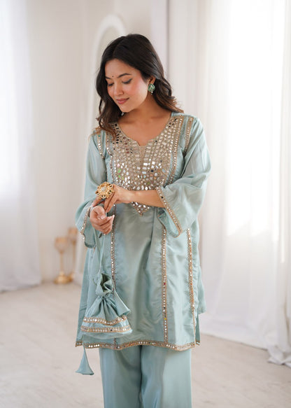 Ready-to-Wear Kurti and Pant Set with Decorative Drawstring Bag - Mirror Embroidered Collection 2026
