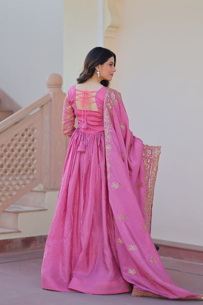 Trending Gold Gown: Crush Fabric, Embroidered Dupatta