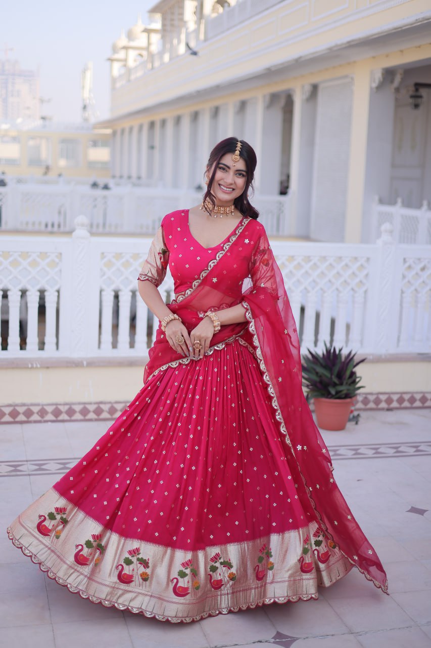 Elegant Three-Piece Traditional Lehenga Choli Set with Dupatta in Pink and Wine