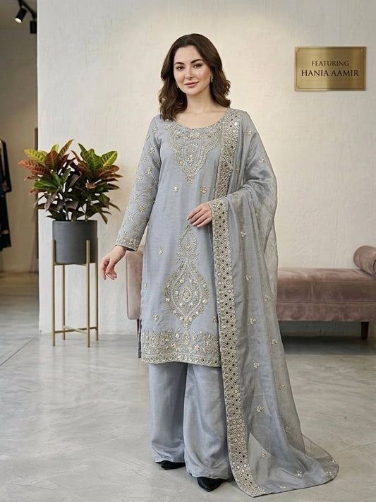 Elegant Designer Party Wear Top, Palazzos, and Dupatta Set with Intricate Heavy Embroidery and Beaded Detailing