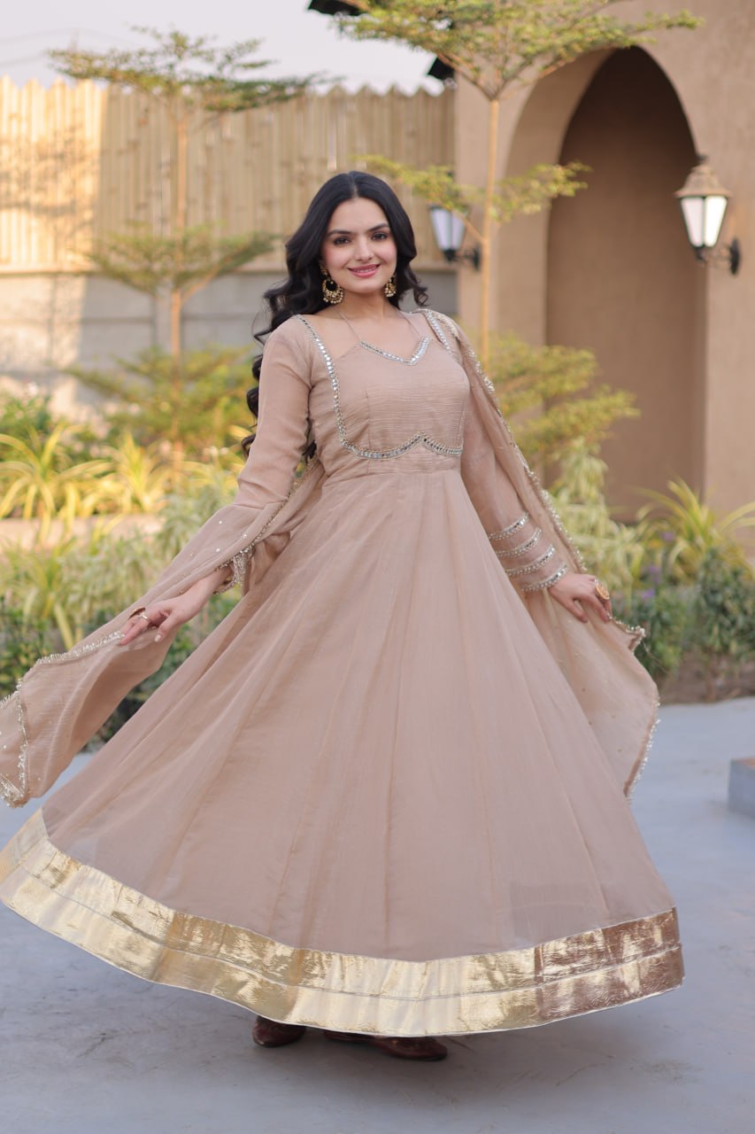 RangBhoomi Silver Mirror Lace Gown with Dupatta - Elegant Occasion Wear