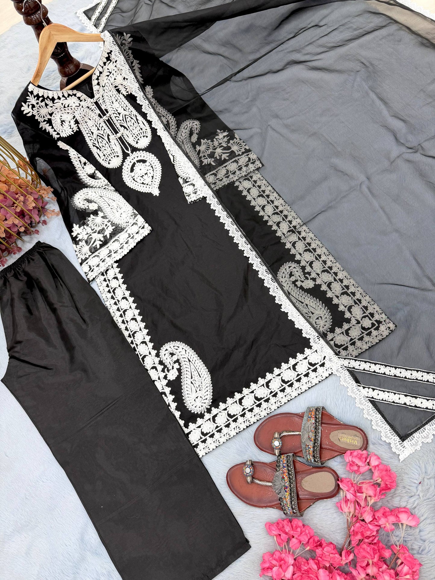 Elegant Designer Party Wear Set with Pure Soft Nylon Organza Silk Top, Palazzo Pants & Dupatta