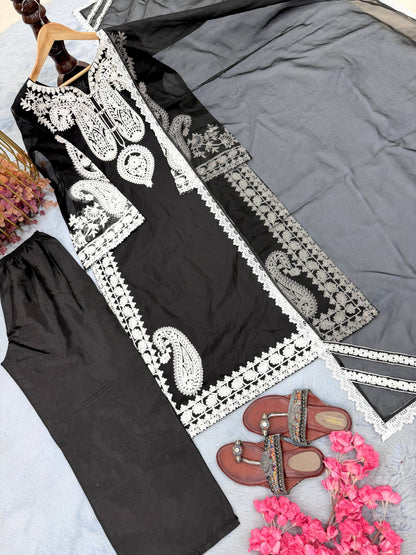 Elegant Designer Party Wear Set with Pure Soft Nylon Organza Silk Top, Palazzo Pants & Dupatta