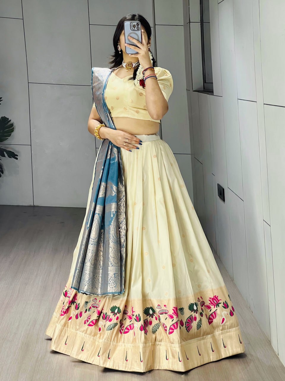 Exquisite Paithani Silk Lehenga with Vibrant Colorful Motifs, Iconic Gold Zari Border, and Signature Satin Silk Dupatta