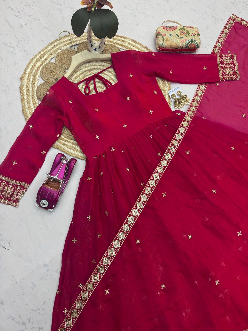 RangBhoomi Designer Party Wear Gown Set — Embroidered Heavy Fandy Silk with Dupatta & Pant