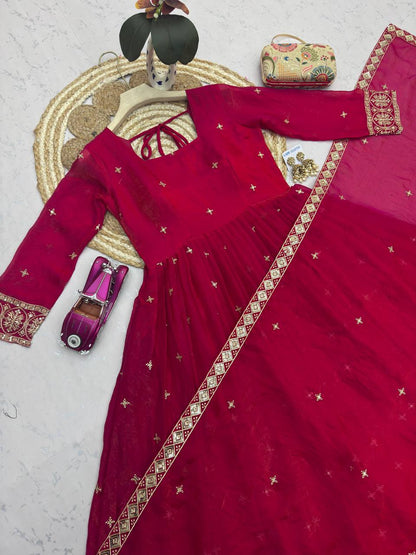 RangBhoomi Designer Party Wear Gown Set — Embroidered Heavy Fandy Silk with Dupatta & Pant