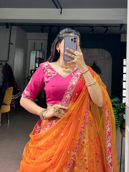 RangBhoomi Jacquard Silk Lehenga — Festive Embroidered Set with Net Dupatta