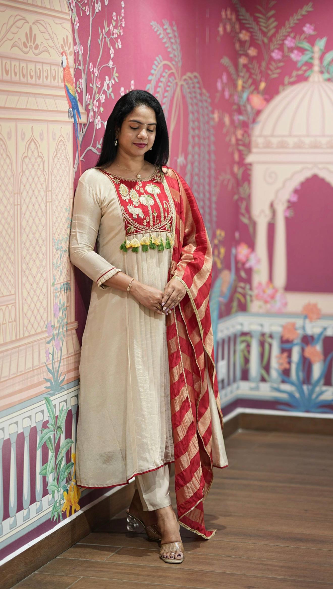 Festival Special Off-White Intricate A-Line Kurti with Flared Pants and Brick Red & Gold Striped Dupatta