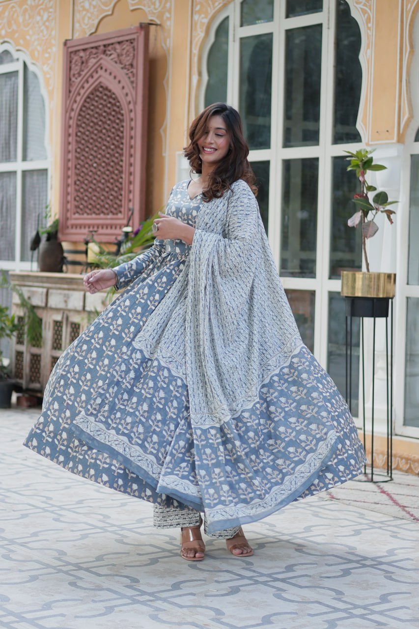 Model twirling in blue floral kurti set with patterned dupatta, showing the airy and flared silhouette.