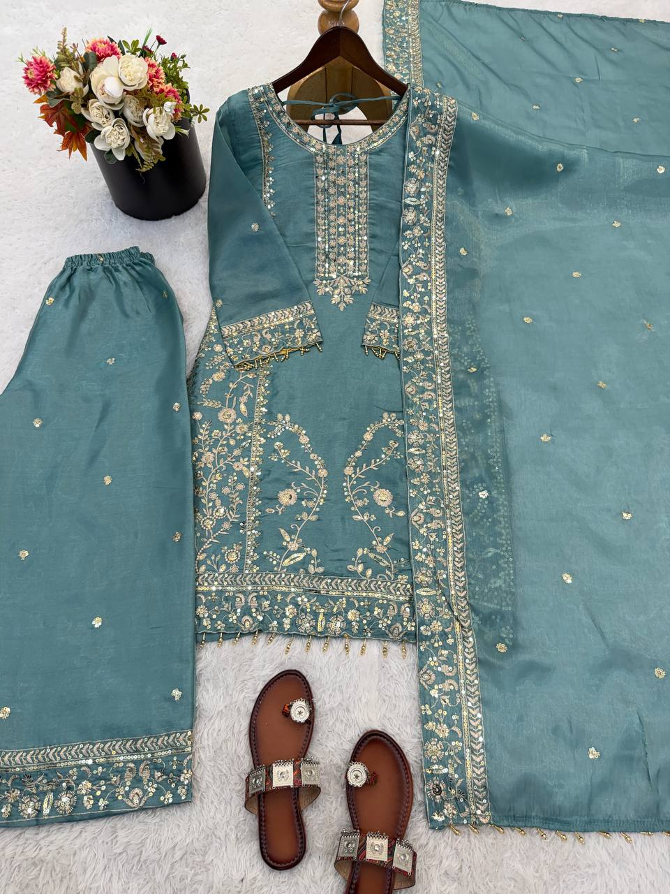 Elegant Designer Ready-to-Wear GMY Silk Three-Piece Set with Heavy Embroidery, Sequins, and Lace Border – Fully Stitched Top, Palazzo, and Dupatta