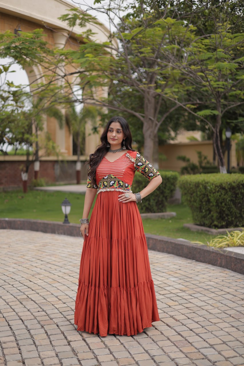RangBhoomi Navratri Gown 2026 — Rust & Black Embroidered Multi-Tiered Festive Gown