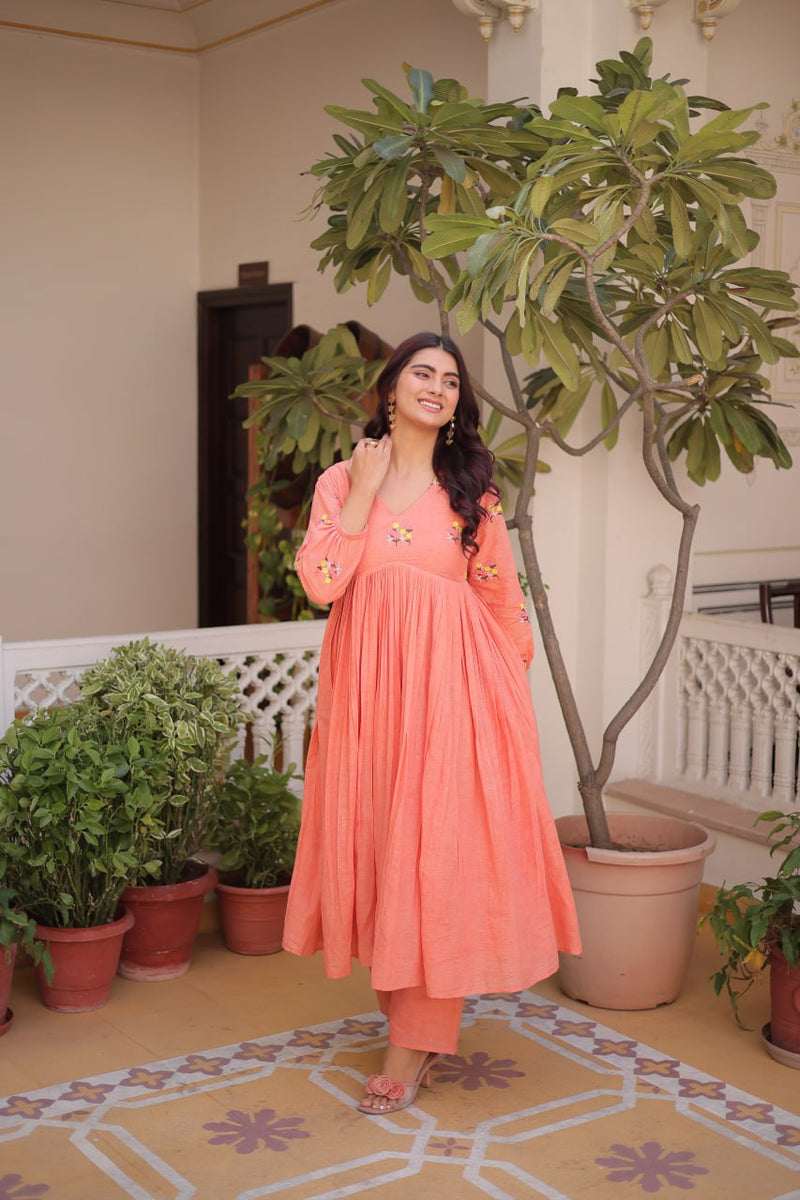 Premium Ready-to-Wear Embroidered Cotton Kurti with Matching Cotton Pants