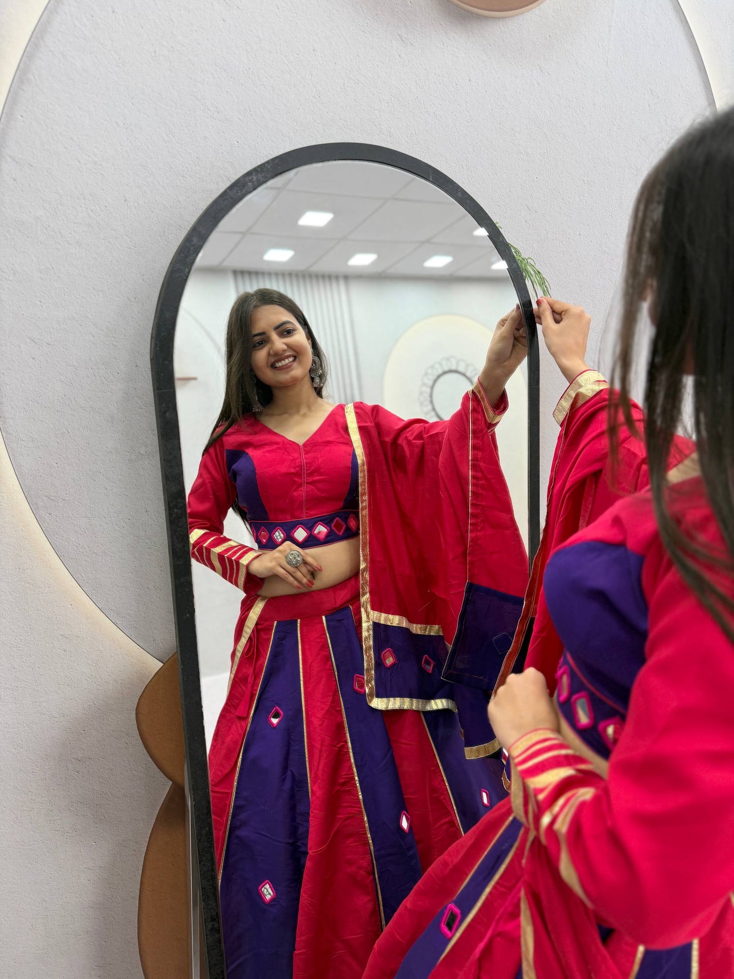 RangBhoomi Navratri Mirror-Work Roman Silk Lehenga Choli - 6+ Meter Flair