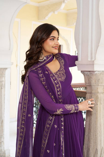 RangBhoomi Elegant SP Series Gown Set with Realistic Modeling - Faux Georgette & Microfiber Fabric, Thread and Sequence Embroidery