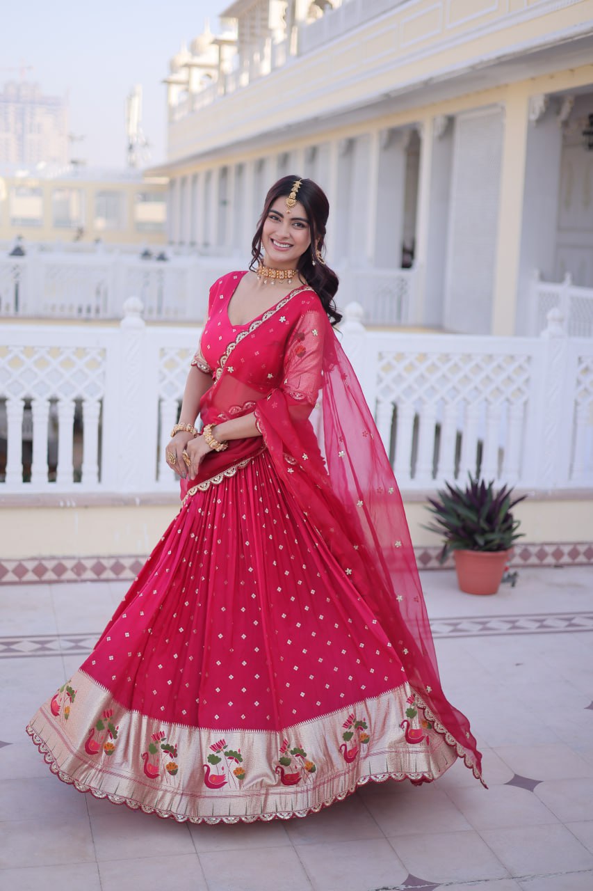 Elegant Three-Piece Traditional Lehenga Choli Set with Dupatta in Pink and Wine