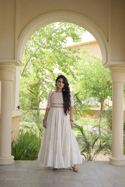 RangBhoomi Navratri Embroidered Kora Cotton Gown — Off-White & Black, 56" Length