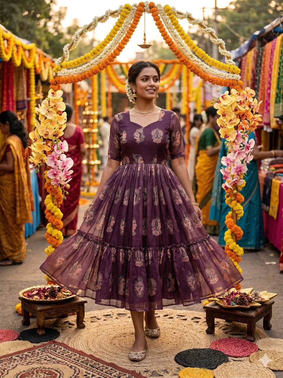 Elegant Summer Special Fully Stitched Kalamkari Midi Gown for Festive Glamour and Sophistication