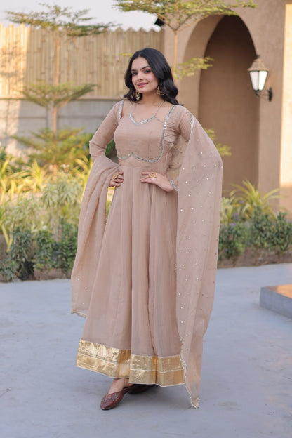 RangBhoomi Silver Mirror Lace Gown with Dupatta - Elegant Occasion Wear