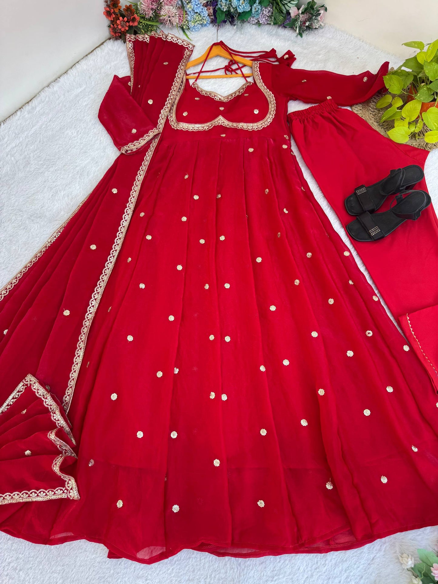 Elegant Party Wear Fendi Satin Gown Set with Dupatta and Pants Featuring 3MM Rembo Sequin and Zari Embroidery