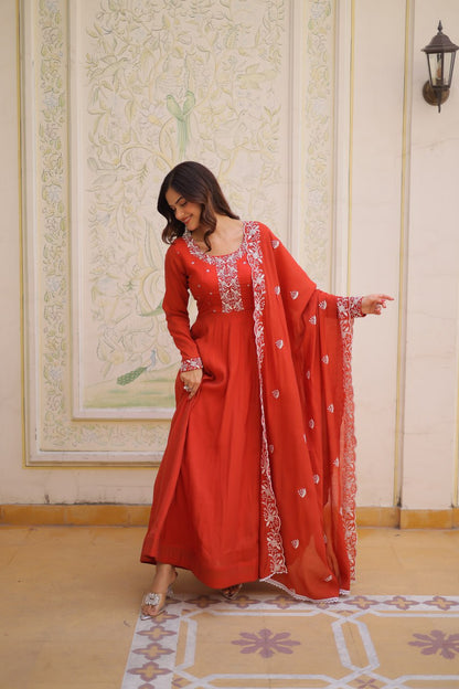 Elegant Mal Chanderi Gown and Dupatta Set with Bead Embroidery and Designer Cutwork Lace Border