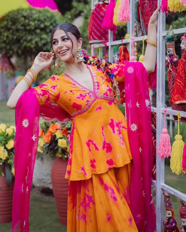 Elegant printed top with palazzo pants and dupatta set