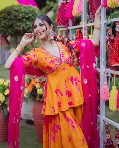 Elegant printed top with palazzo pants and dupatta set