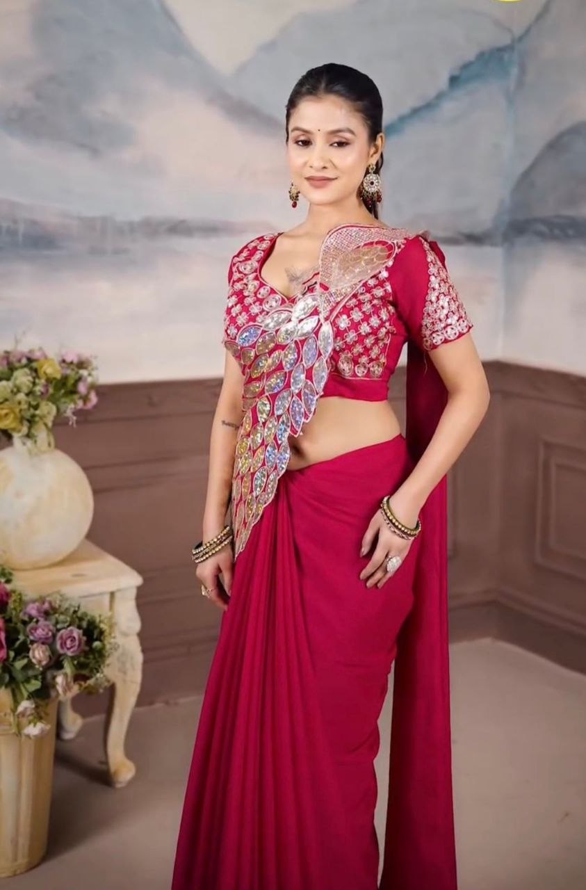 New Super Trending Ready-to-Wear Saree with Embroidered Sequence Work and Matching Embroidered Blouse