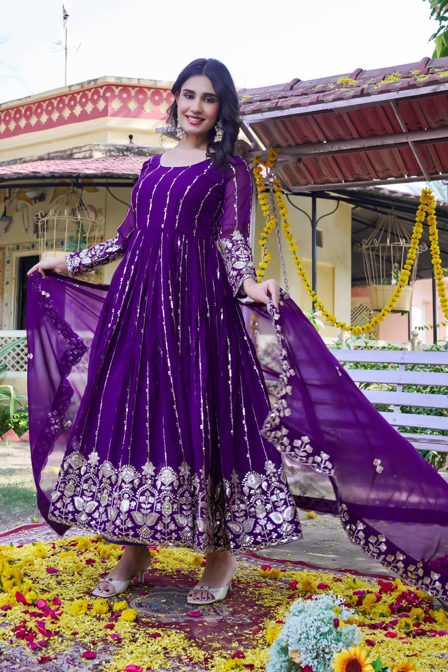 RangBhoomi New Festival Collection Long Gown with Dupatta – Elegant Fox Georgette Fabric with Heavy Sequence Embroidery