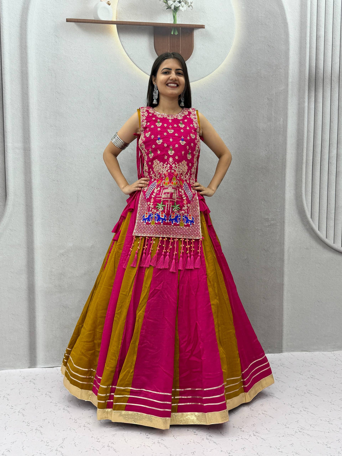 RangBhoomi Navratri Special Vichitra Silk Lengha Choli – Fully Stitched with Heavy Thread & Sequence Work