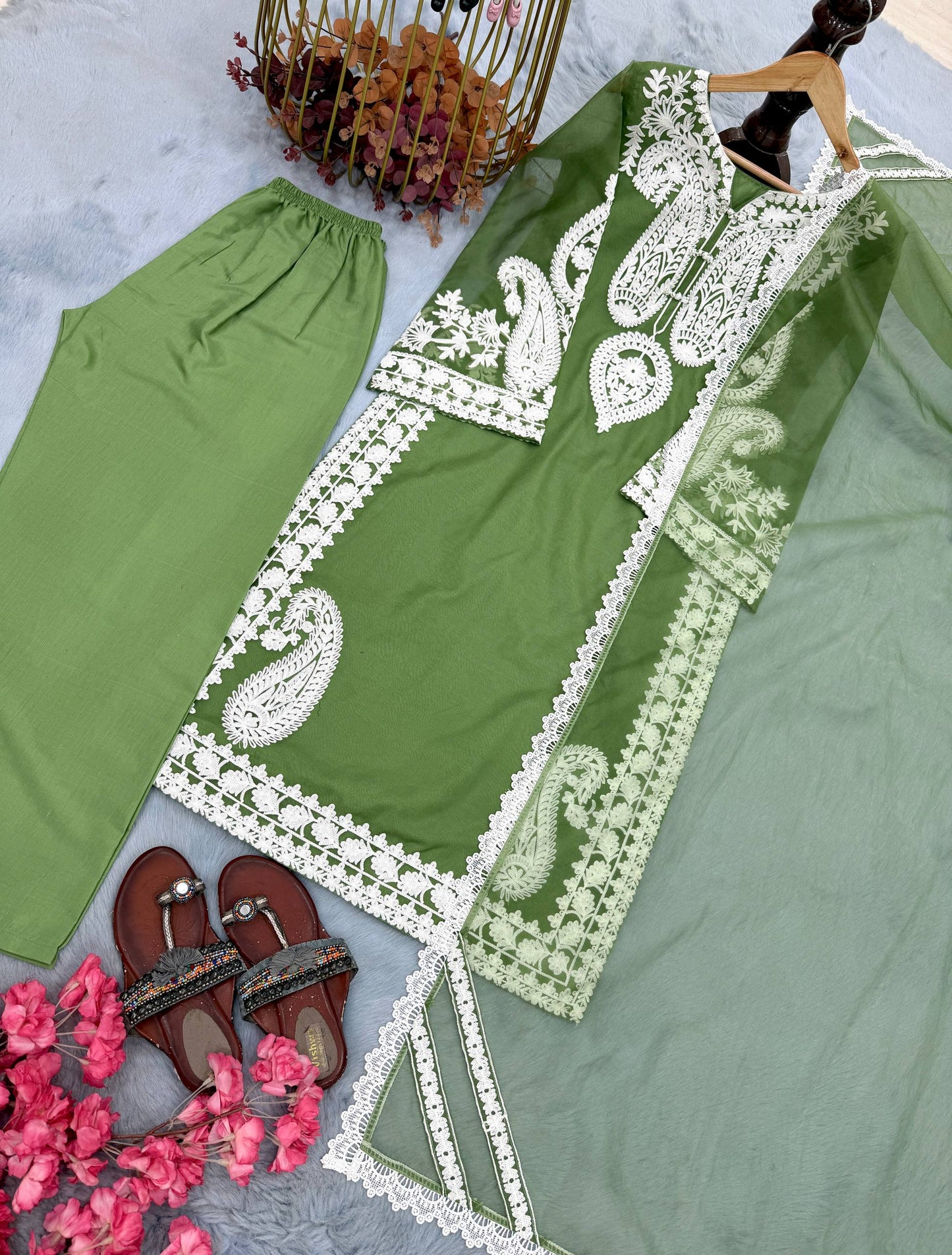 Elegant Designer Party Wear Set with Pure Soft Nylon Organza Silk Top, Palazzo Pants & Dupatta