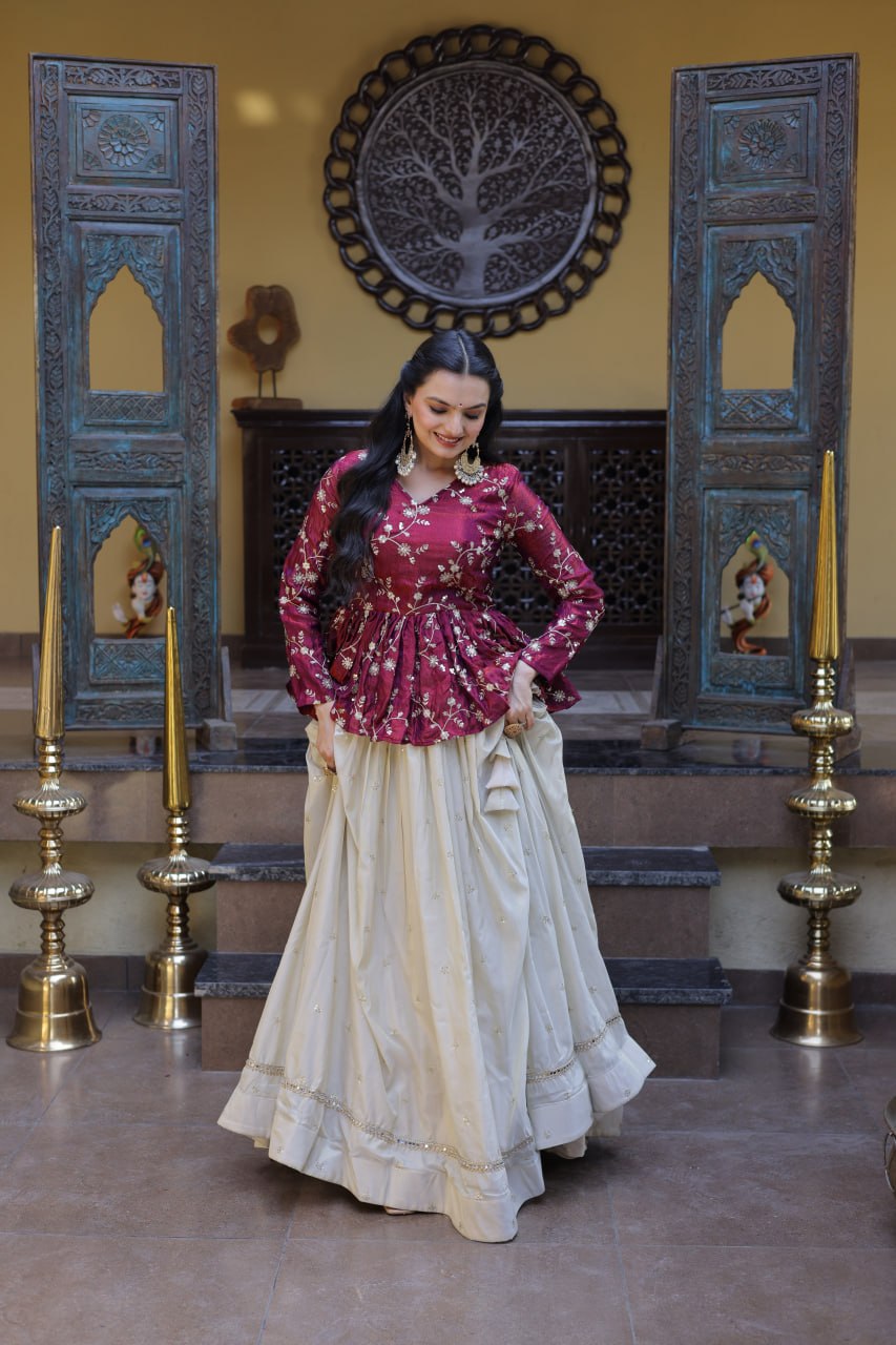RangBhoomi Elegant Silk Embroidered Crop Top Set with Flared Lehenga and Sequined Detailing