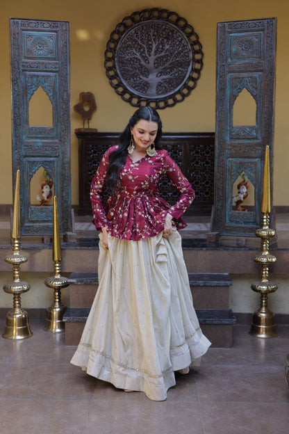 RangBhoomi Elegant Silk Embroidered Crop Top Set with Flared Lehenga and Sequined Detailing