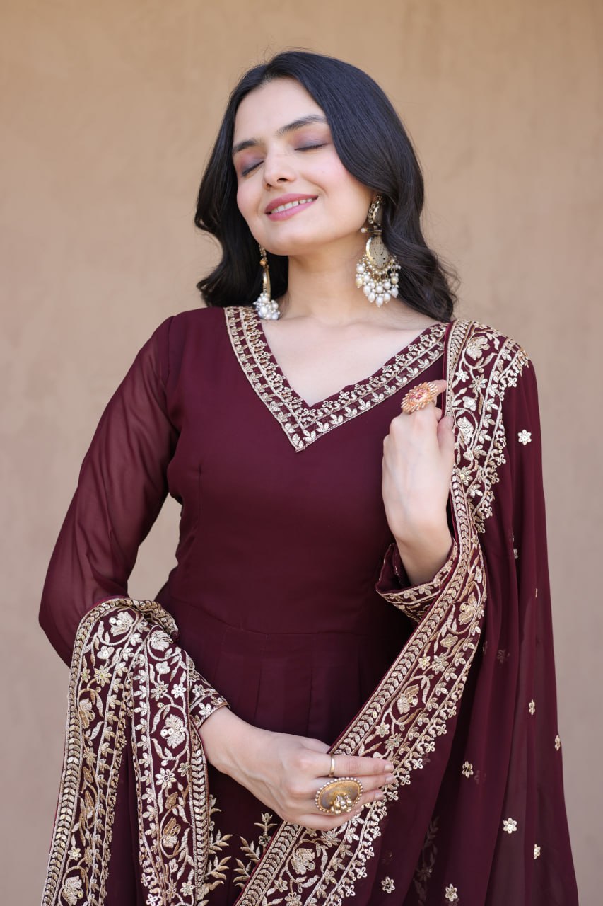RangBhoomi Premium Readymade Gown with Pant & Dupatta Set - Embroidered Faux Blooming Festive Ensemble