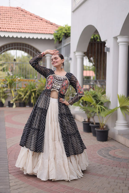 RangBhoomi Kora Cotton Lehenga & Faux Georgette Kurti Set - Full-Stitched, Frilled Lehenga, Laheriya Print Kurti