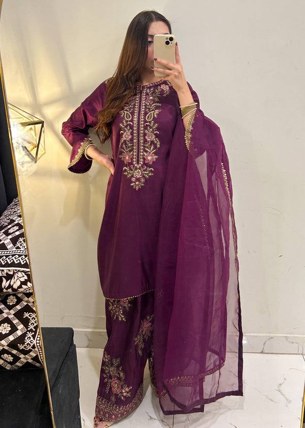 RangBhoomi Women's Premium Ethnic French Crepe Ensemble with Embroidered Thread Work, Full Sleeve Top, Farshi Pant, and GMY Silk Dupatta